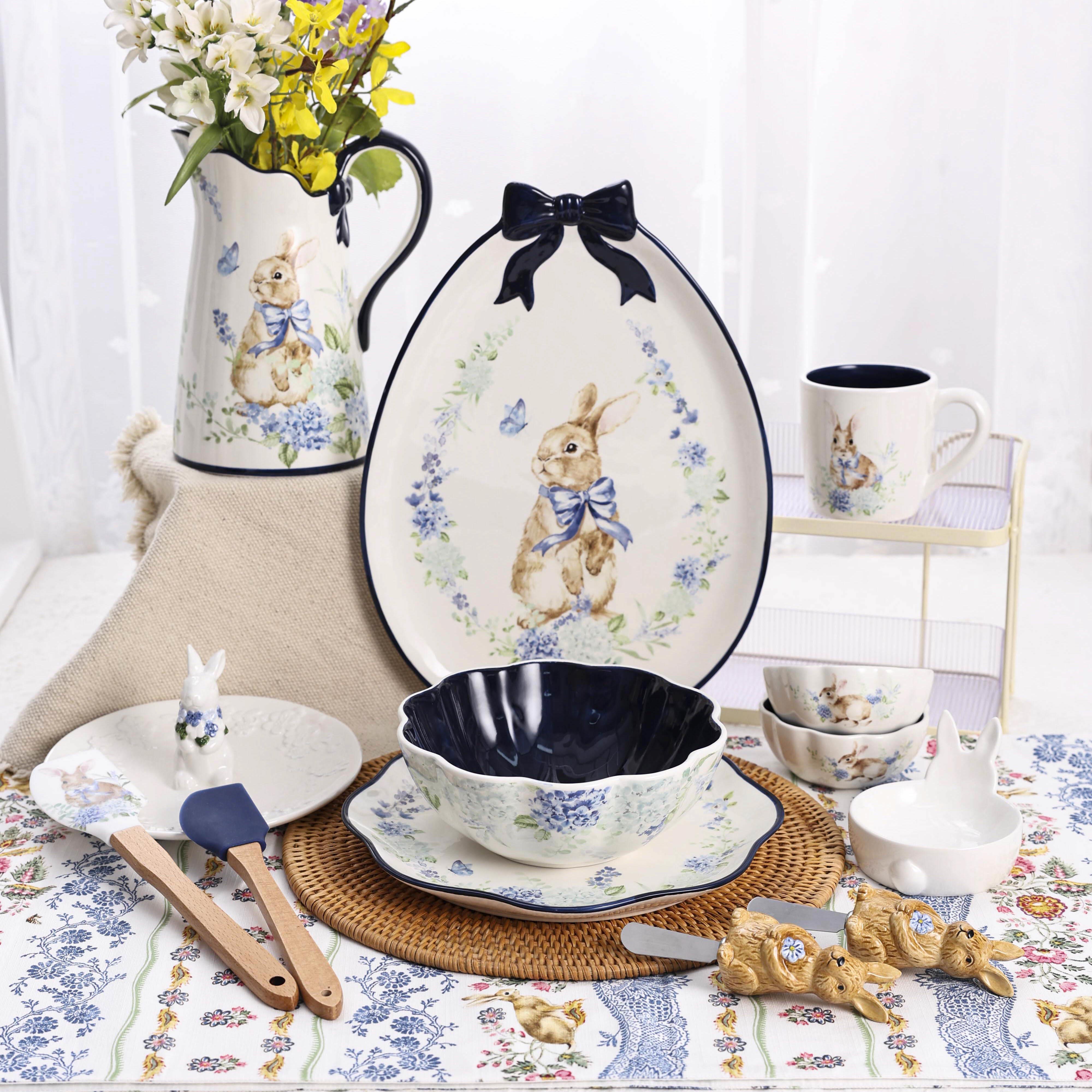 Blue Bow Bunny Easter Ceramic Set